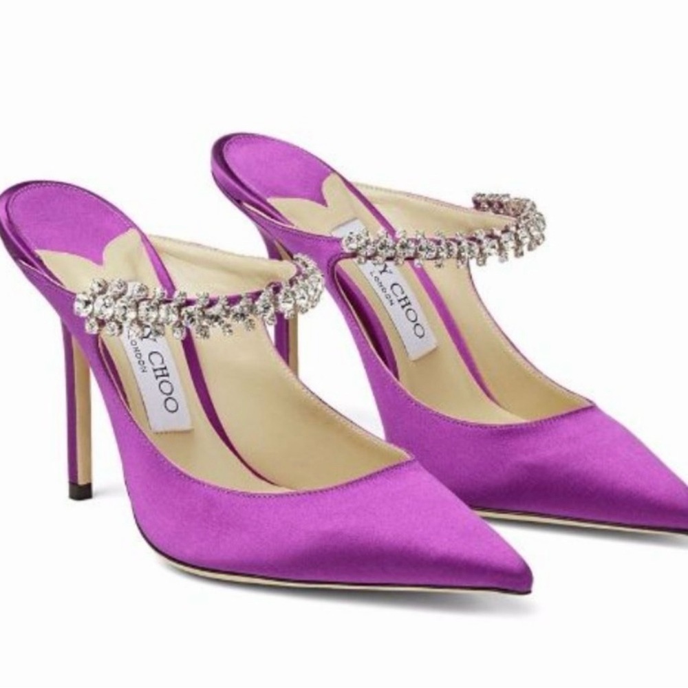 Jimmy Choo Bing 100 Satin Mules With Crystal Strap in pink violet, size 37